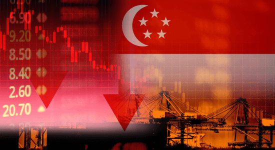 Mixed photo and illustration image of Singapore stock exchange market trading graph with the Singapore flag industrial area.