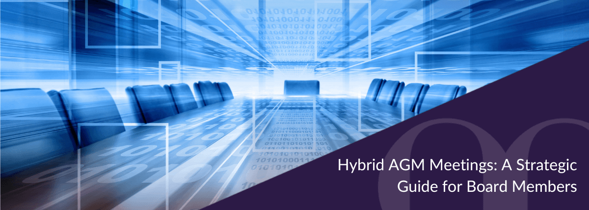 Digitally enhanced boardroom with binary code overlays, symbolising technology integration in a modern AGM meeting.